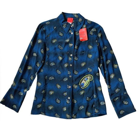 NWT Christian Lacroix Bazar Silk Blouse Blue Paisley Dot Print Size FR 42 US 8/1